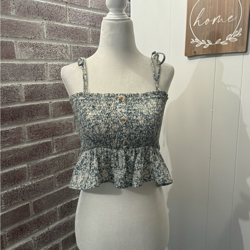 PAPER CRANE Green Floral Peplum Tank S